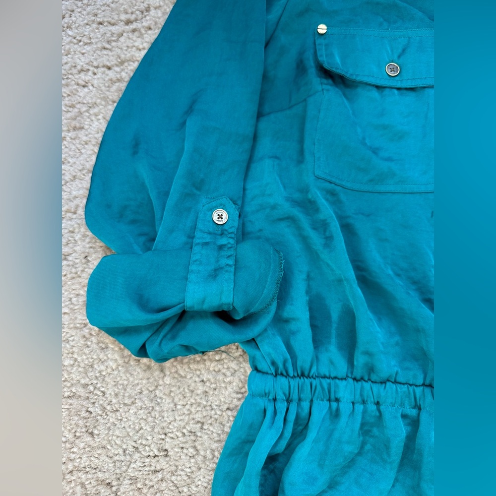 Michael Kors Blue-Green Teal Button Up Utility Shirt Top | Vintage Sheer Blouse - Picture 9 of 13
